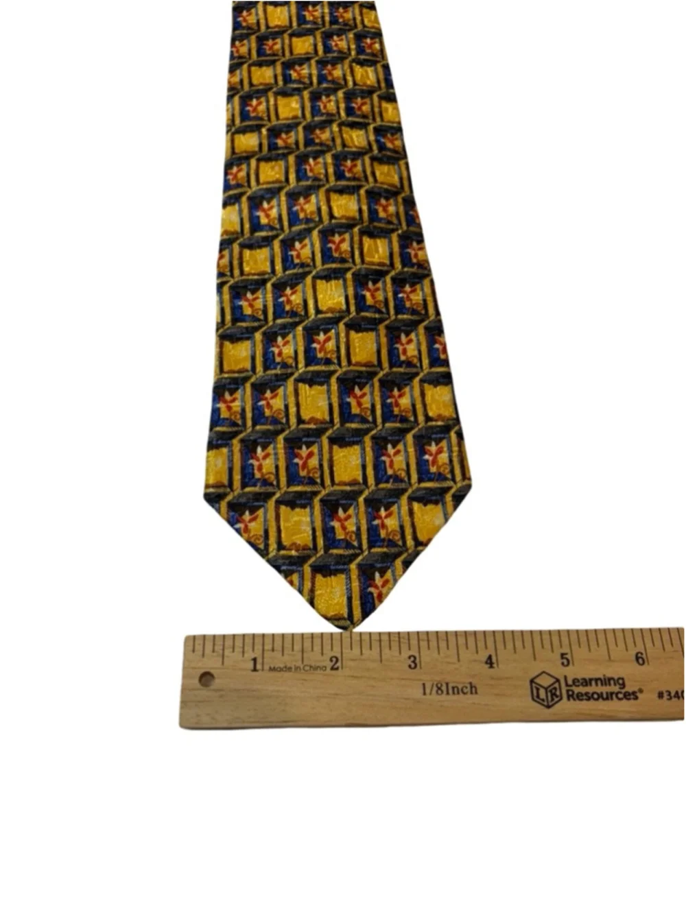 Ermenegildo Zegna Silk Tie Gold Blue Geometric Novelty Print Made Italy